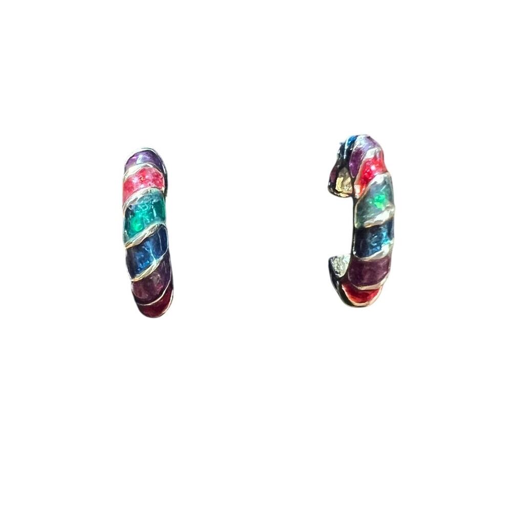 Vintage Rainbow Striped Hoop Pierced Earrings Christmas Candy Canes Gold Tone